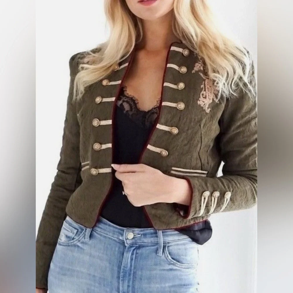 Free People Lauren Band Jacket Military Embroidered Gold Open Front - Picture 1 of 9